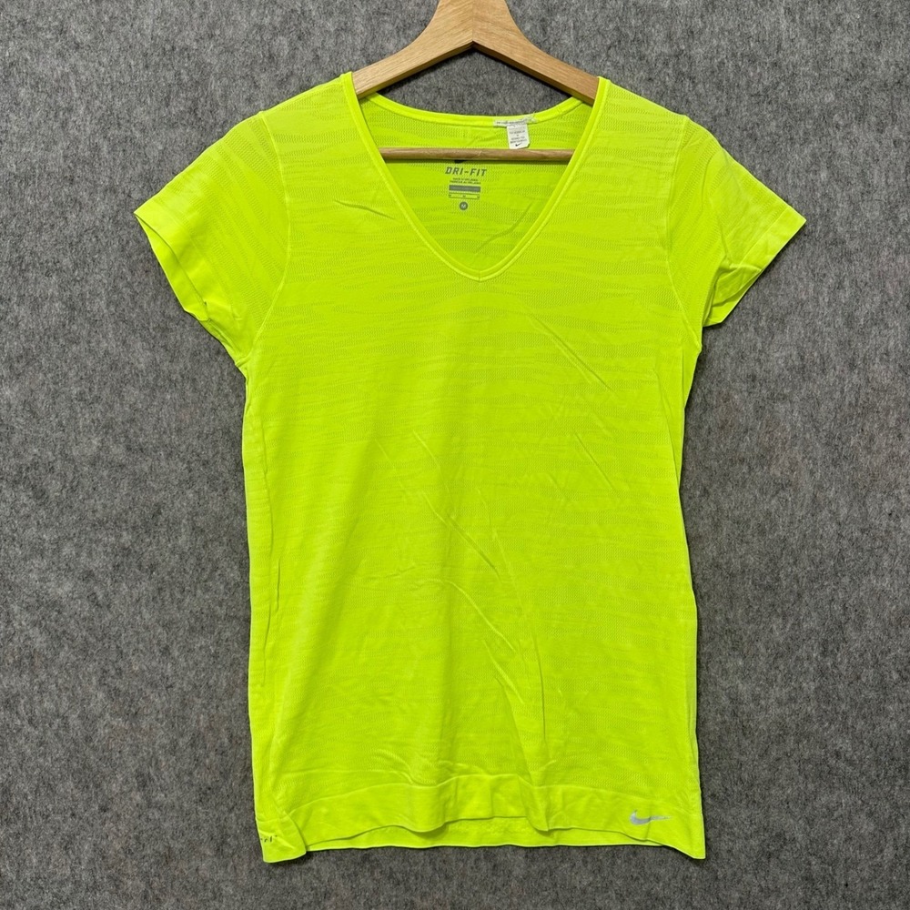 Nike Dri-FIT Womens Knit V-Neck Training Shirt Neon Yellow 620982-702 Size M